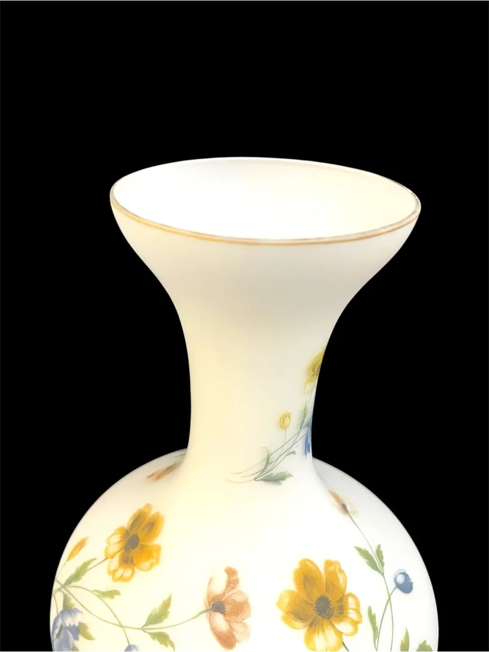 VTG White Bristol Opaline Glass Vase Yellow Blue Flowers Hand Blown Matte 12.5”